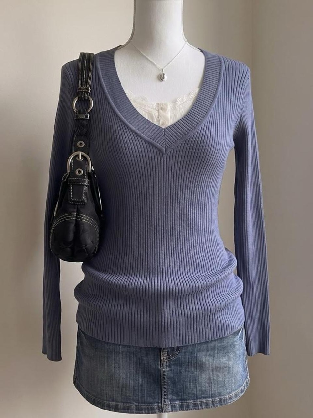 y2k fairy downtown girl preppy fall blue v neck ribbed knit long sleeve sweater